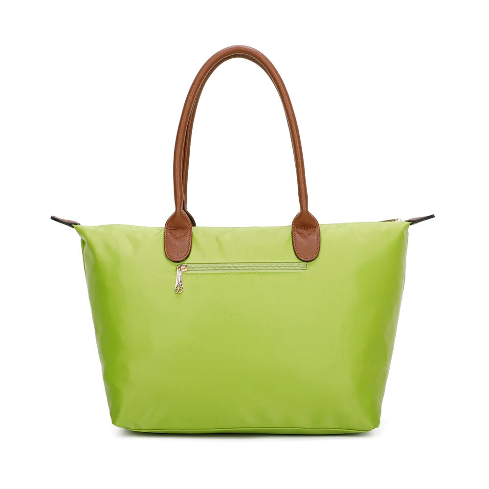 Dos de La Balade (Large) vert pomme en nylon, avec ses deux longues anses marron assorties – réf. Z-02
