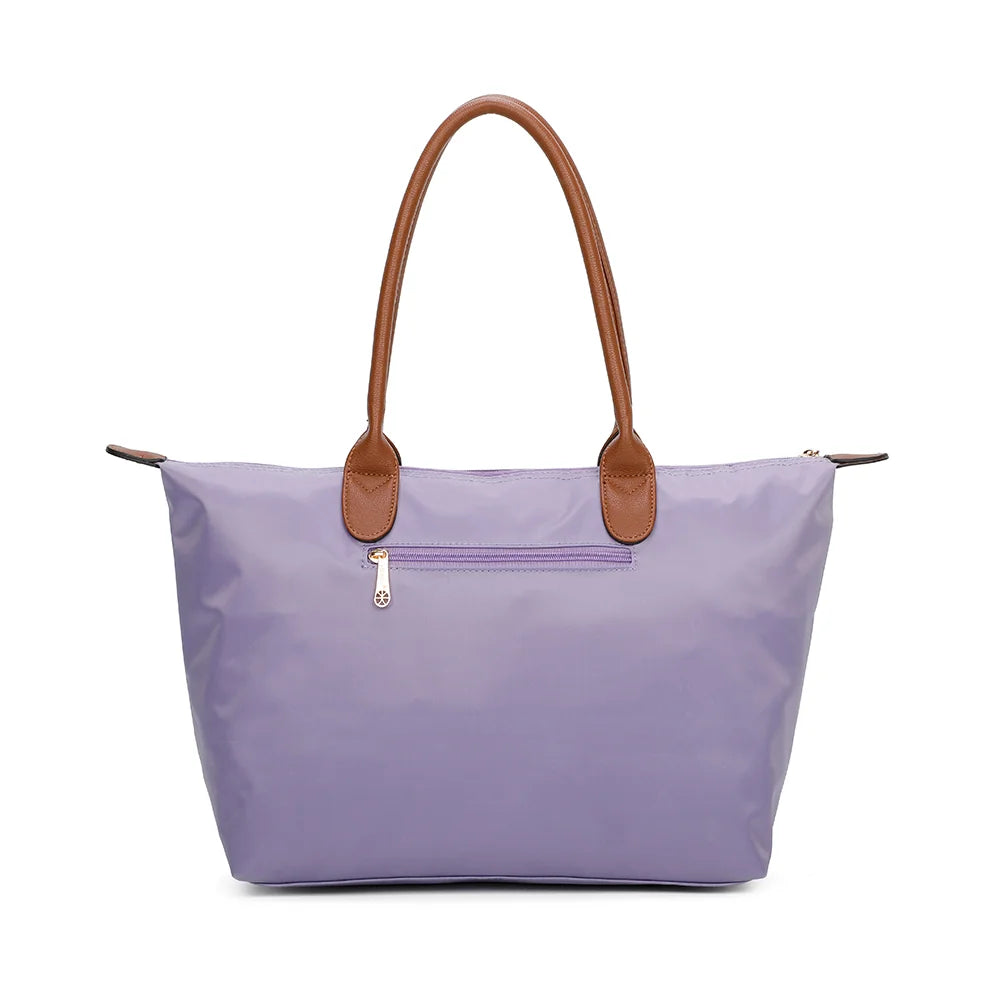 Dos de La Balade (Large) violet claire en nylon, avec ses deux longues anses marron assorties – réf. Z-02