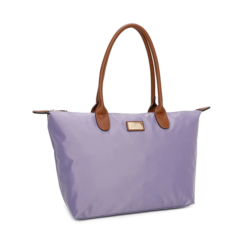 La Balade (Large) violet claire vu de trois quarts : forme cabas évasée et pattes de zip marron surpiquées – réf. Z-02