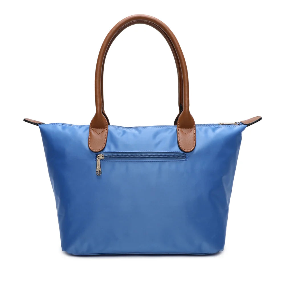Dos de La Balade Medium bleu royal : nylon uni et anses marron surpiquées cousues sur le haut du sac – réf. Z-03