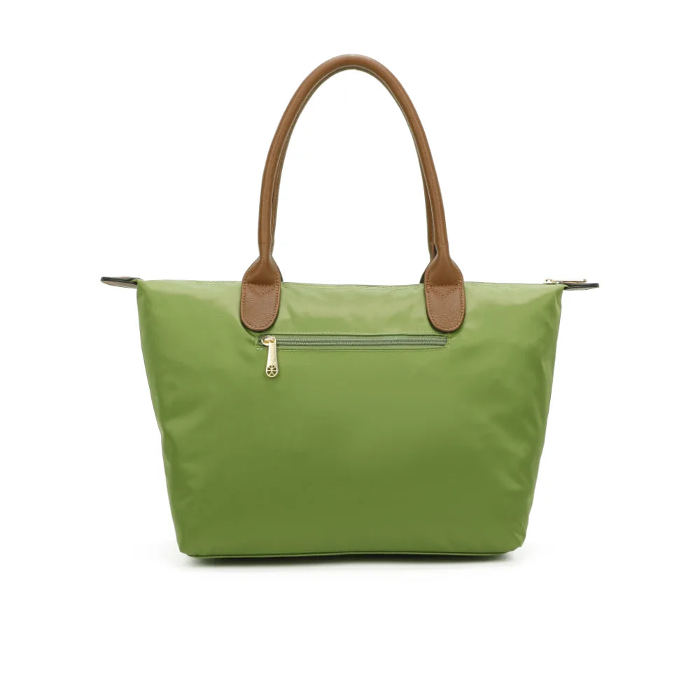 Dos de La Balade Medium vert gazon : nylon uni et anses marron surpiquées cousues sur le haut du sac – réf. Z-03
