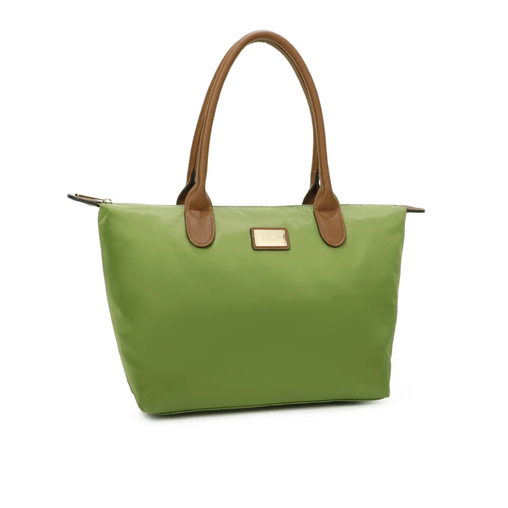 La Balade Medium vert gazon vue de trois quarts : silhouette évasée et pattes marron aux extrémités du zip – réf. Z-03