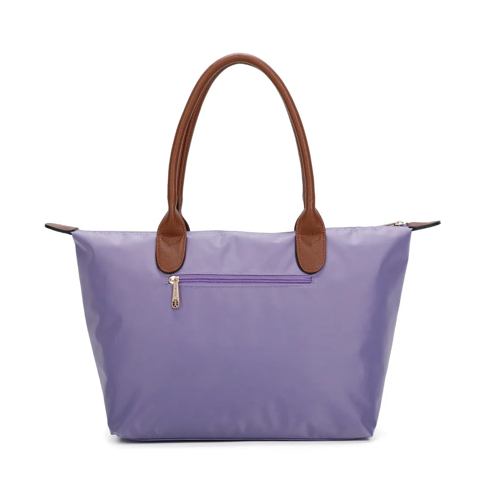 Dos de La Balade Medium violet claire : nylon uni et anses marron surpiquées cousues sur le haut du sac – réf. Z-03