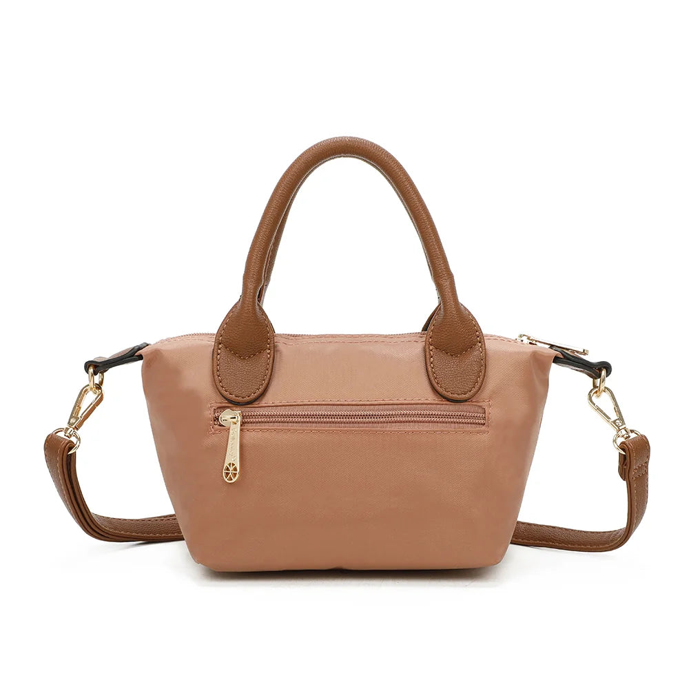 Dos de La Balade (Mini) rose foncé, avec ses deux anses courtes camel et ses attaches latérales dorées – réf. Z-05