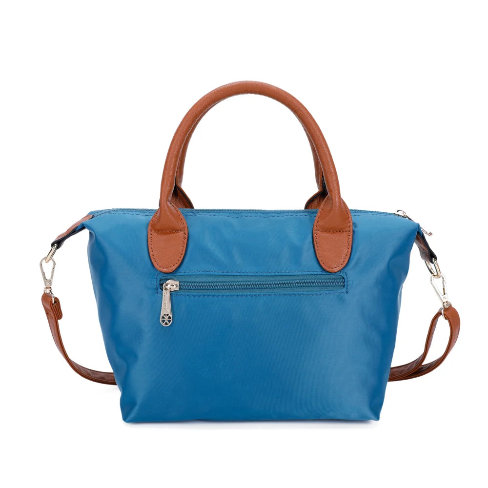 Dos de La Balade bleu canard : nylon lisse et poignées en simili cuir camel – réf. Z-01