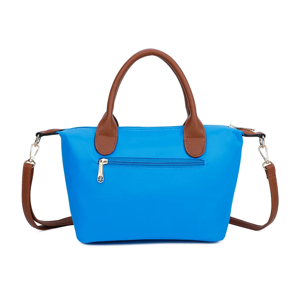Dos de La Balade bleu electrique : nylon lisse et poignées en simili cuir camel – réf. Z-01