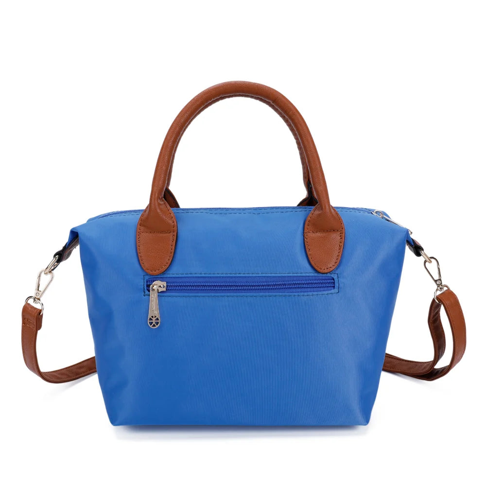Dos de La Balade bleu royal : nylon lisse et poignées en simili cuir camel – réf. Z-01