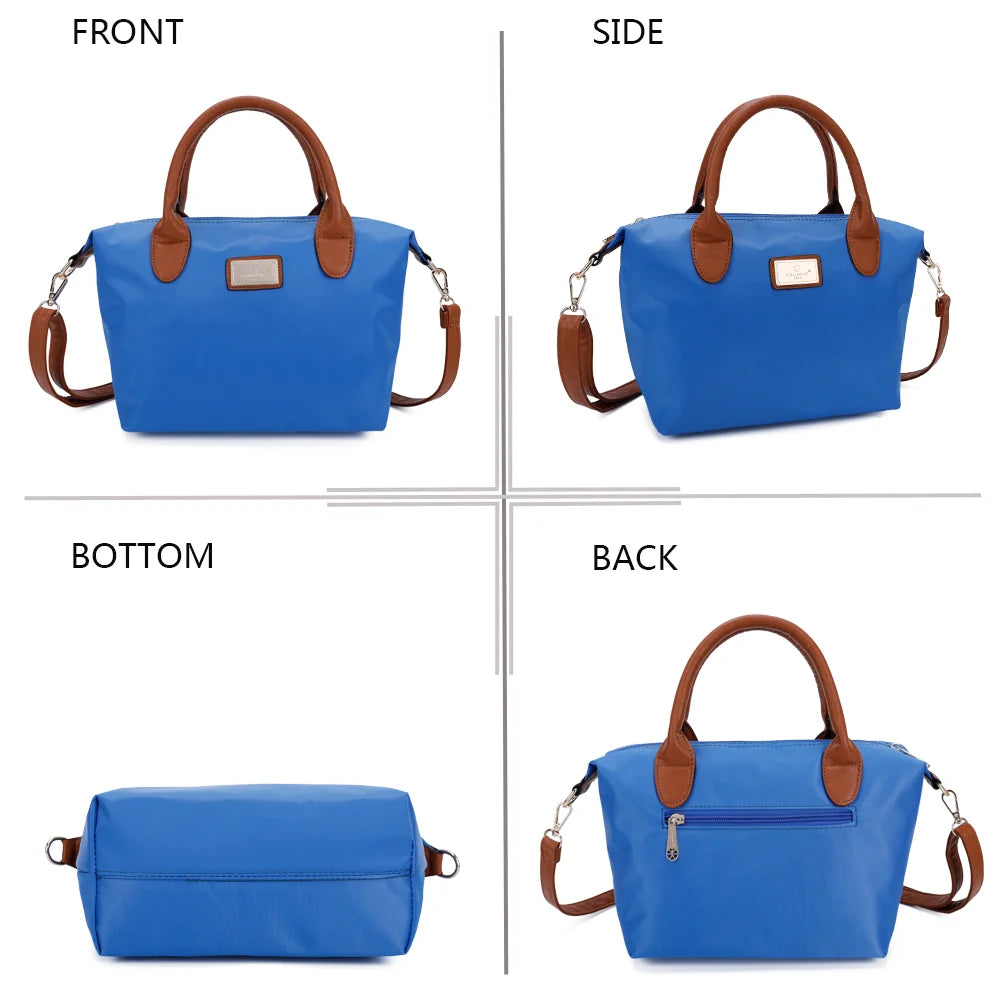 La Balade bleu royal sous tous les angles : face, côté, dessous et dos en nylon et simili cuir camel – réf. Z-01