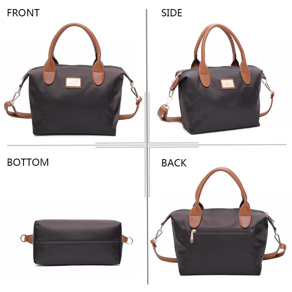 La Balade café sous tous les angles : face, côté, dessous et dos en nylon et simili cuir camel – réf. Z-01
