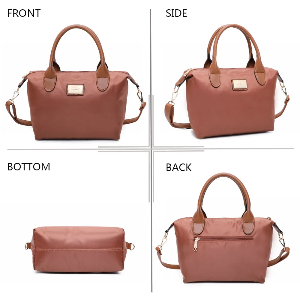 La Balade camel sous tous les angles : face, côté, dessous et dos en nylon et simili cuir camel – réf. Z-01