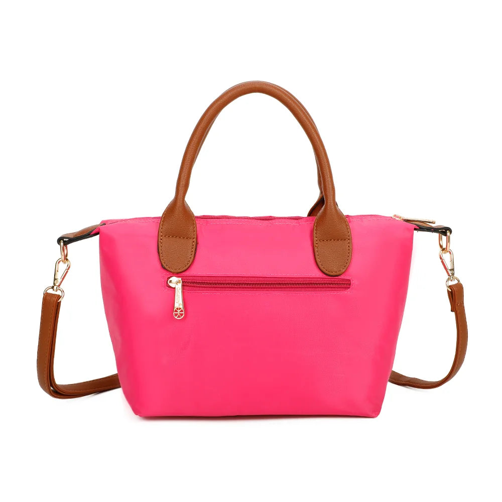 Dos de La Balade fuschia claire : nylon lisse et poignées en simili cuir camel – réf. Z-01
