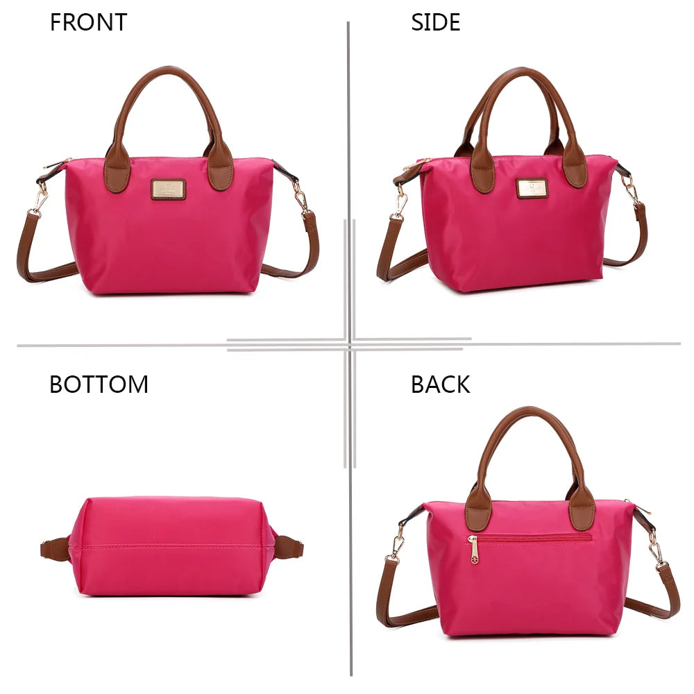 La Balade fuschia sous tous les angles : face, côté, dessous et dos en nylon et simili cuir camel – réf. Z-01