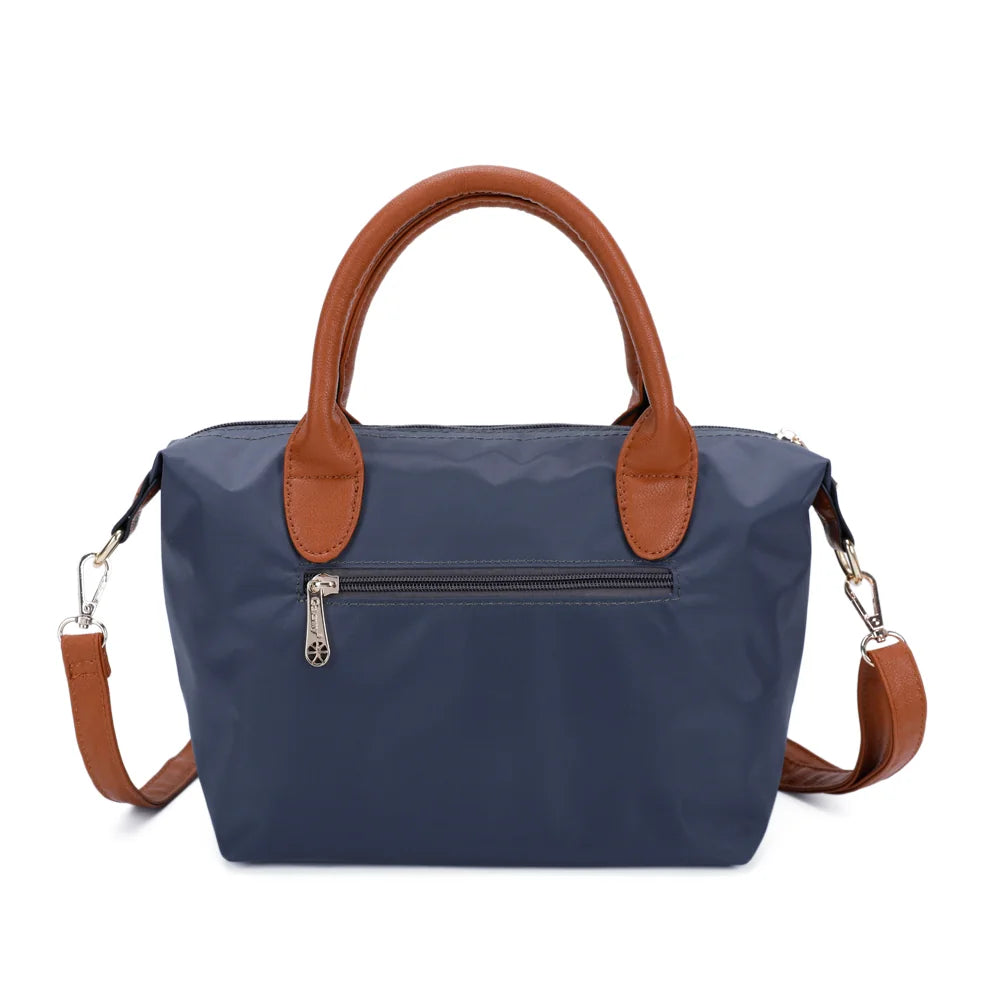 Dos de La Balade gris foncé : nylon lisse et poignées en simili cuir camel – réf. Z-01
