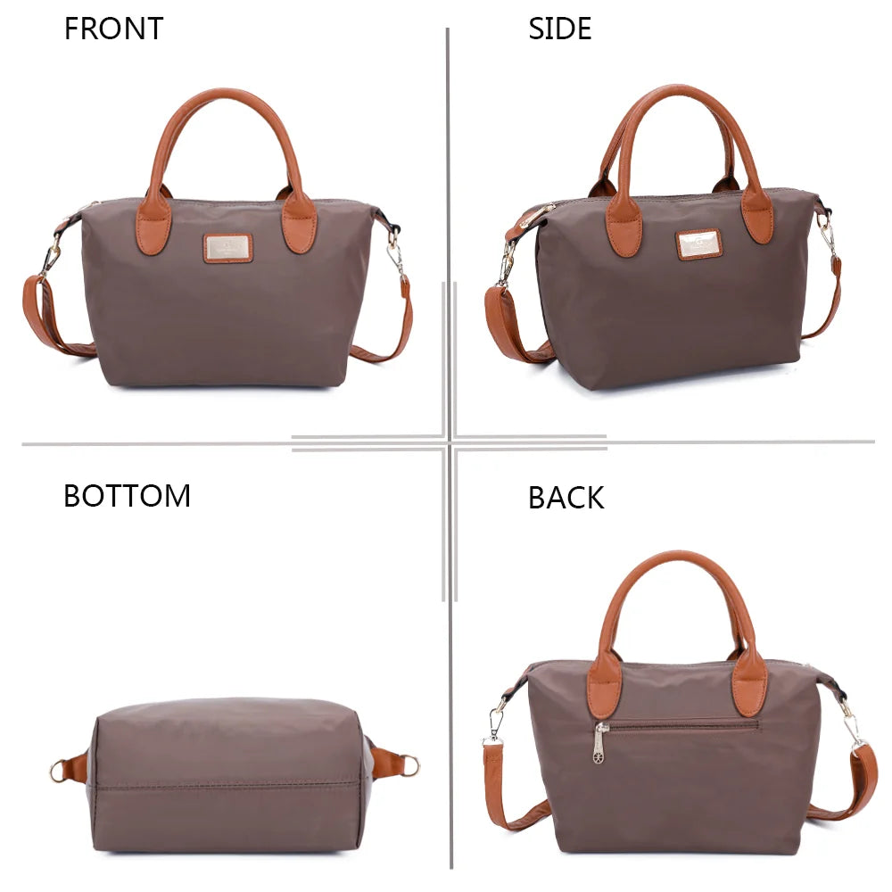 La Balade marron sous tous les angles : face, côté, dessous et dos en nylon et simili cuir camel – réf. Z-01