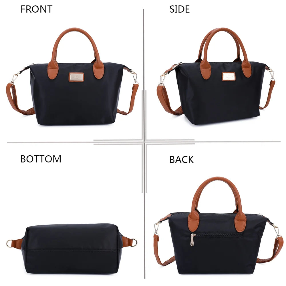 La Balade noir sous tous les angles : face, côté, dessous et dos en nylon et simili cuir camel – réf. Z-01