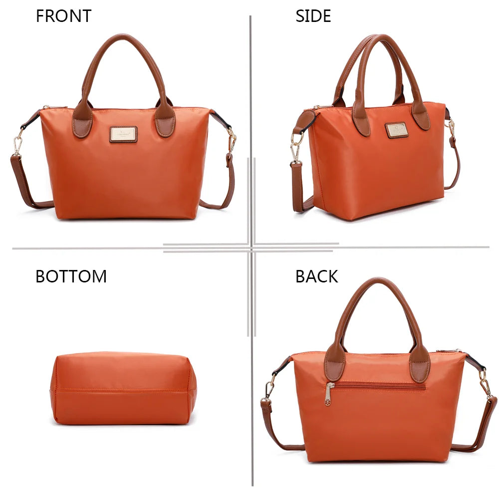 La Balade orange sous tous les angles : face, côté, dessous et dos en nylon et simili cuir camel – réf. Z-01