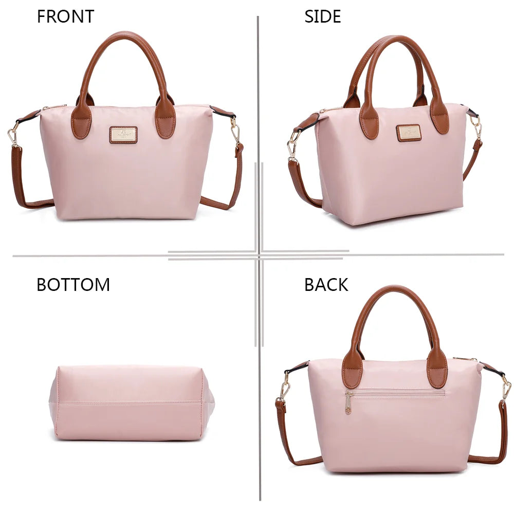 La Balade rose claire sous tous les angles : face, côté, dessous et dos en nylon et simili cuir camel – réf. Z-01