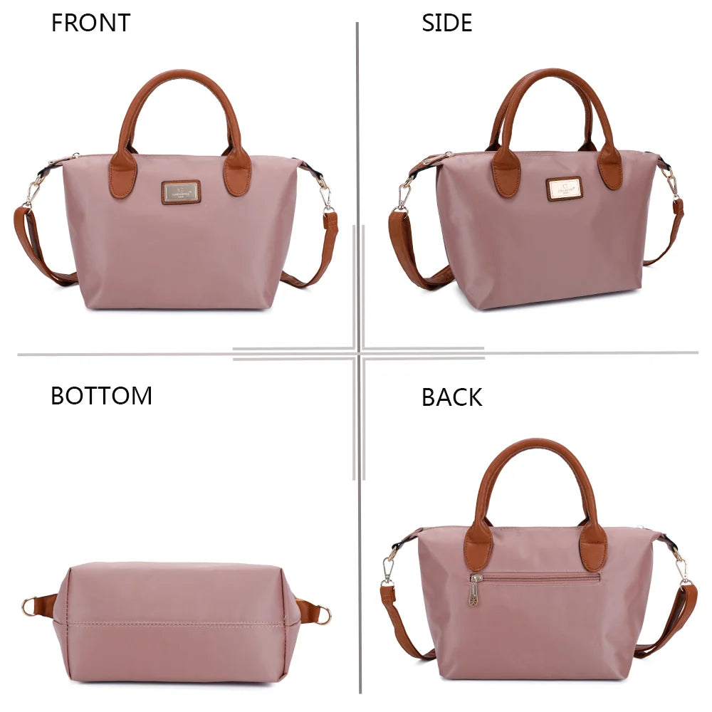 La Balade rose foncé sous tous les angles : face, côté, dessous et dos en nylon et simili cuir camel – réf. Z-01