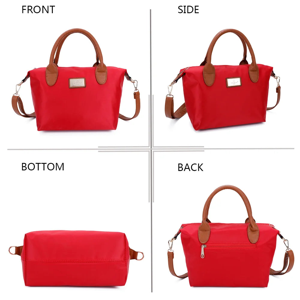 La Balade rouge sous tous les angles : face, côté, dessous et dos en nylon et simili cuir camel – réf. Z-01