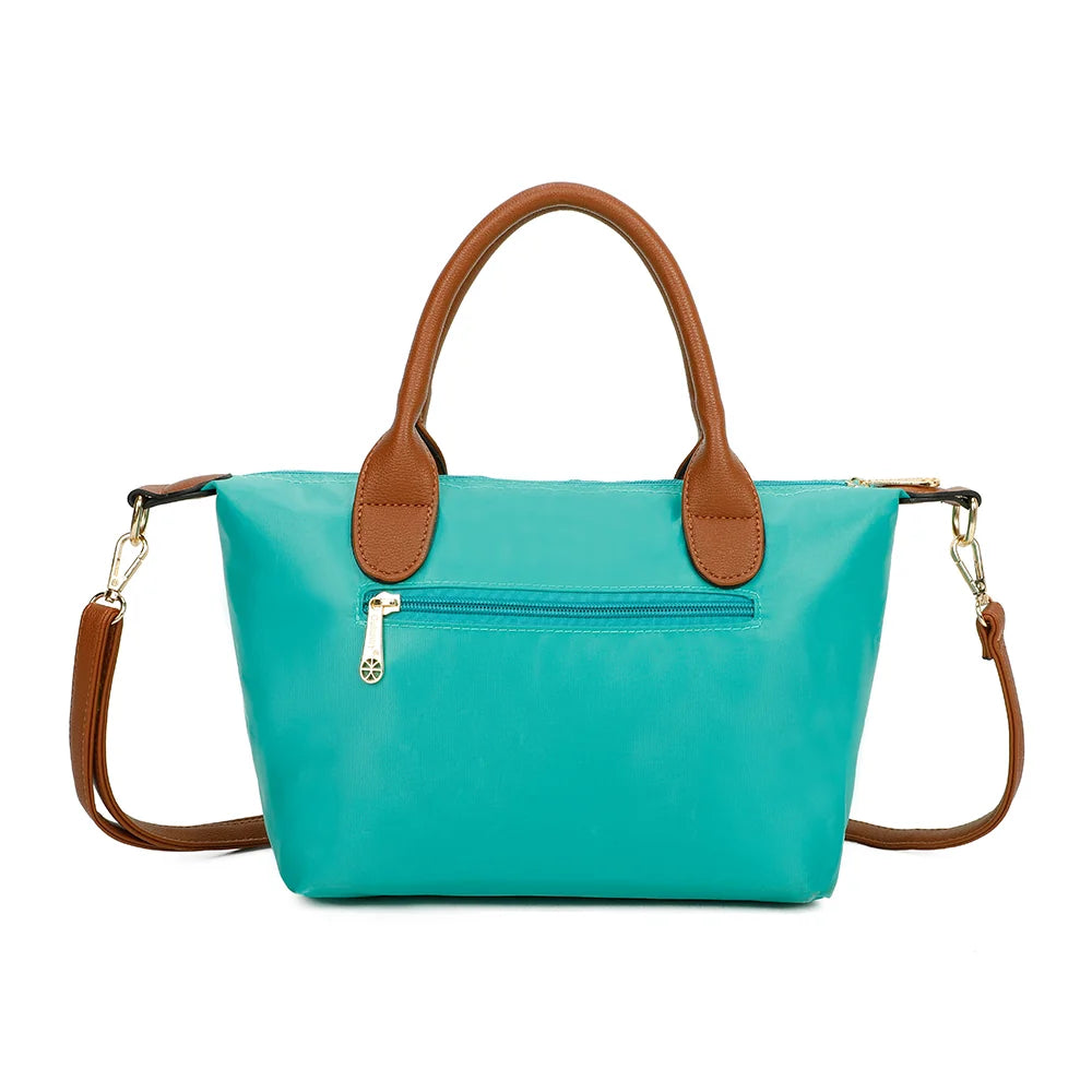 Dos de La Balade vert emeraude : nylon lisse et poignées en simili cuir camel – réf. Z-01