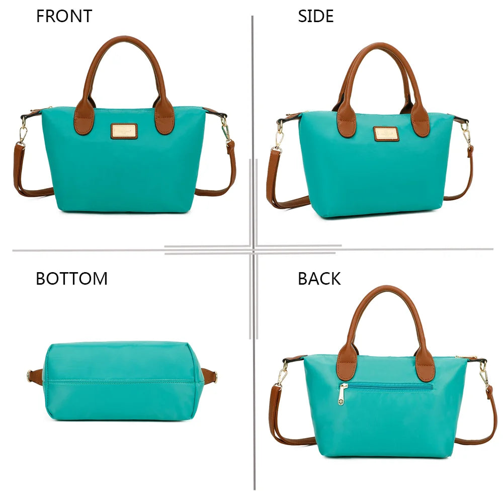 La Balade vert emeraude sous tous les angles : face, côté, dessous et dos en nylon et simili cuir camel – réf. Z-01