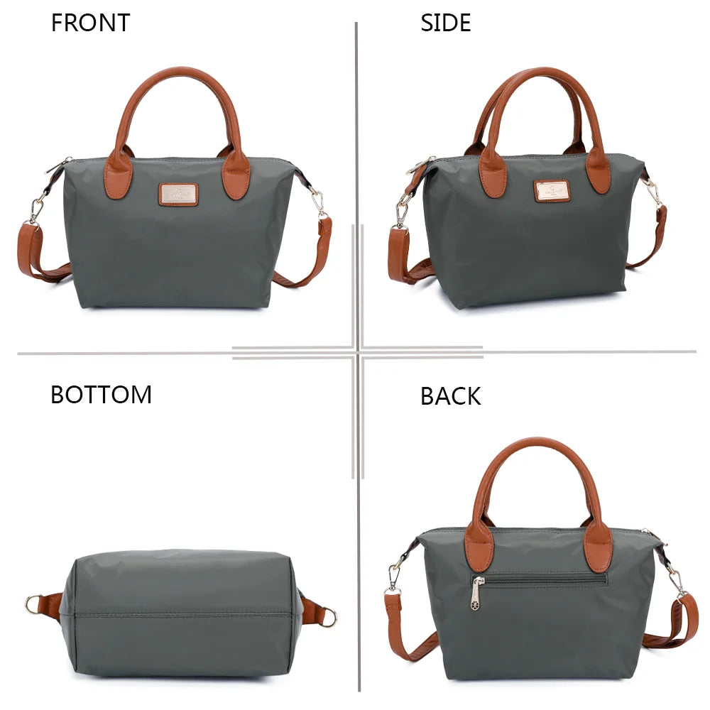 La Balade vert foncé sous tous les angles : face, côté, dessous et dos en nylon et simili cuir camel – réf. Z-01