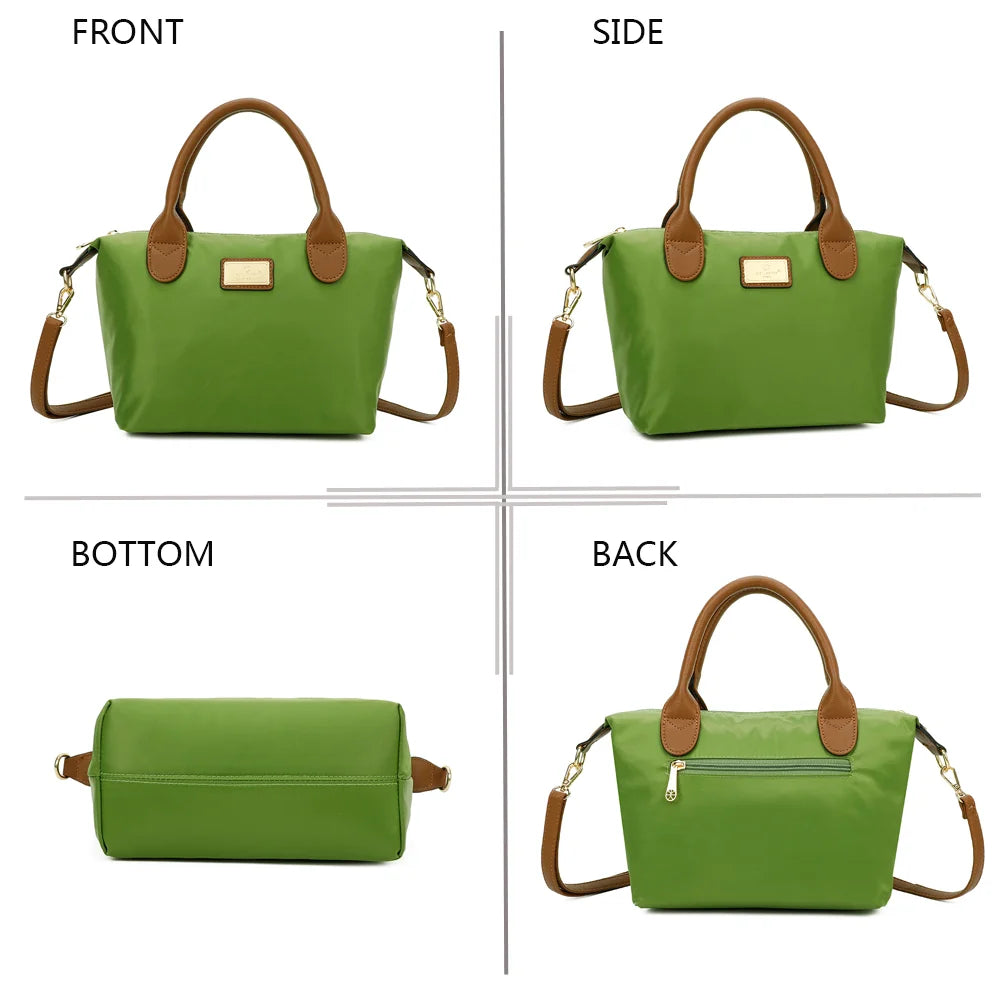 La Balade vert gazon sous tous les angles : face, côté, dessous et dos en nylon et simili cuir camel – réf. Z-01