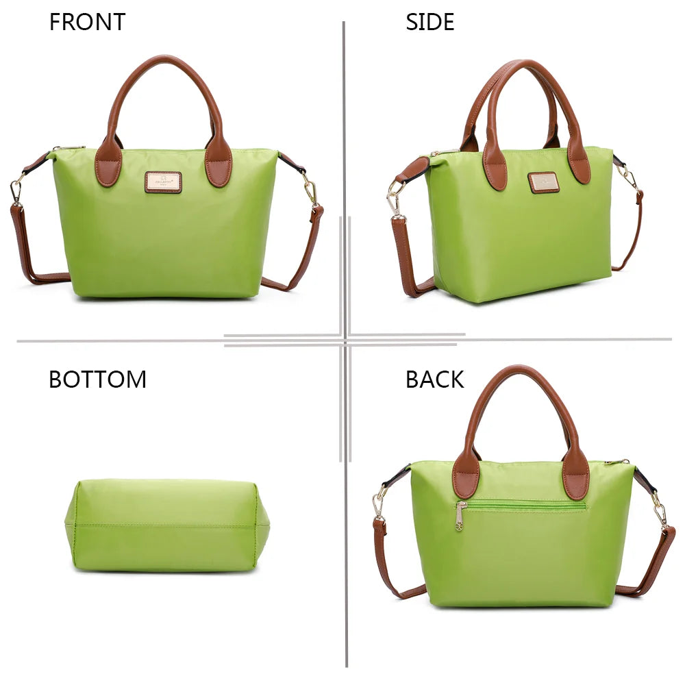 La Balade vert pomme sous tous les angles : face, côté, dessous et dos en nylon et simili cuir camel – réf. Z-01
