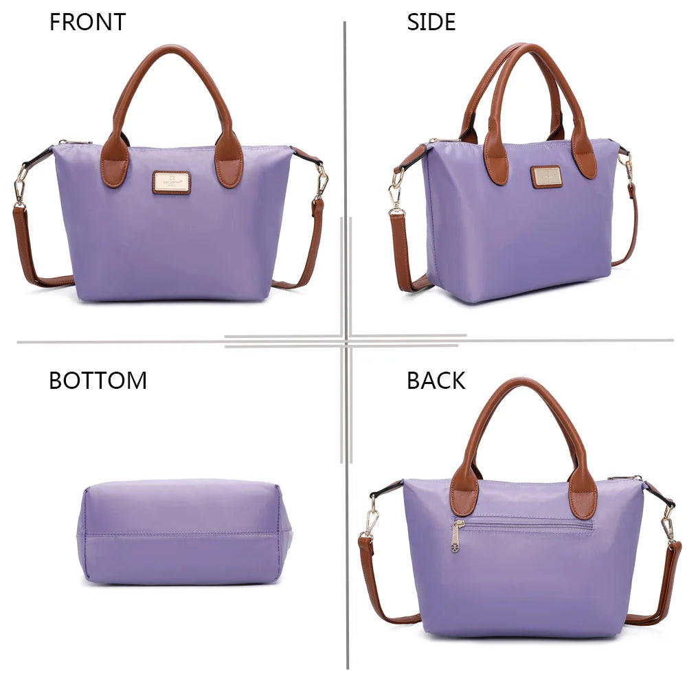 La Balade violet claire sous tous les angles : face, côté, dessous et dos en nylon et simili cuir camel – réf. Z-01