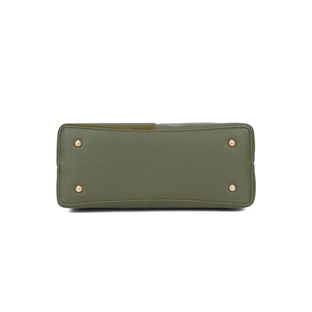 Dessous du sac La Bellamy vert foncé, base plate et structurée qui tient bien posée – réf. G-7507-1
