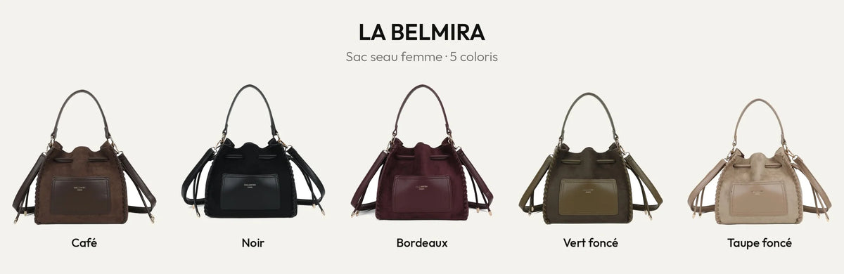 Sac seau La Belmira en 5 coloris : Coffee, Noir, Bordeaux, Vert Foncé et D.TAUPE – Gallantry Paris – réf. R-2073