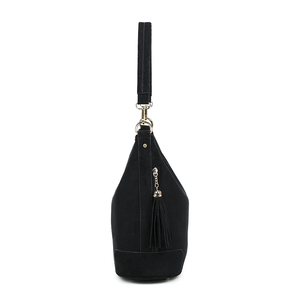 Profil de La Bohème Élégante noir : zip latéral et pompon à embout doré – réf. M-9271-9