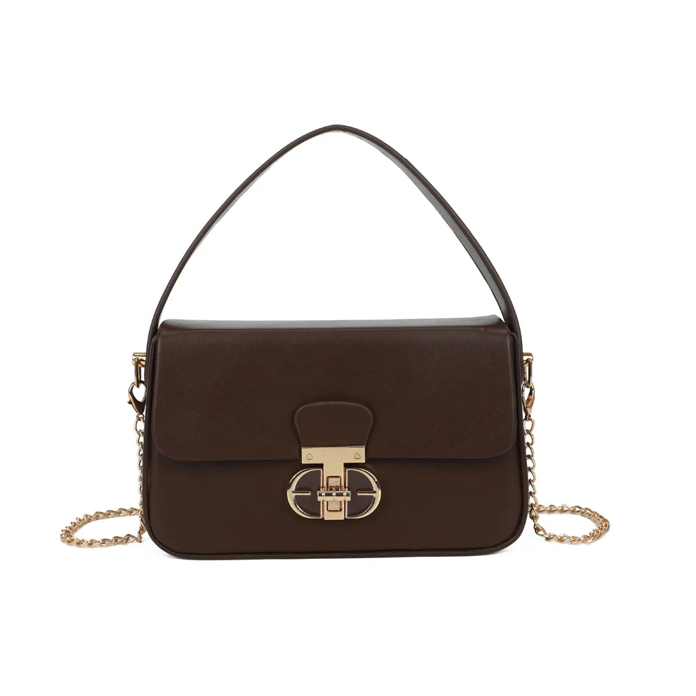 Petit sac à main femme La Caliane coffee, rabat et fermoir tournant doré – Gallantry Paris – réf. YL-26023