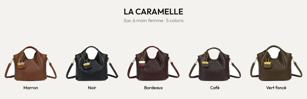 Sac à main femme La Caramelle effet tressé en 5 coloris : marron, noir, bordeaux, coffee et vert foncé – Gallantry Paris – réf. KJ-62074-1