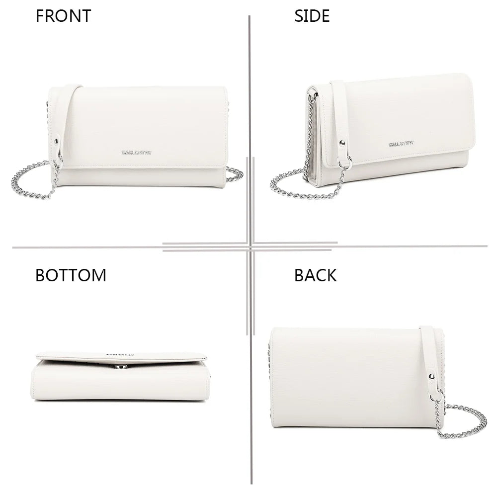 La Célina blanc sous tous ses angles : face, côté, dessous et dos de la pochette à chaîne – réf. SF-69049