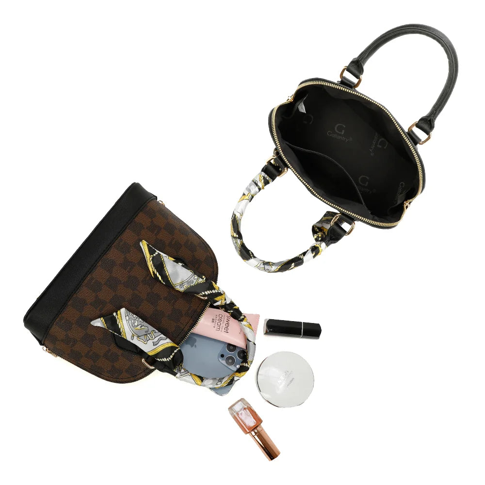 Intérieur de La Charlotte marron/noir : doublure synthétique, poche plaquée, place pour téléphone et produits de beauté – réf. DQ-8596-4