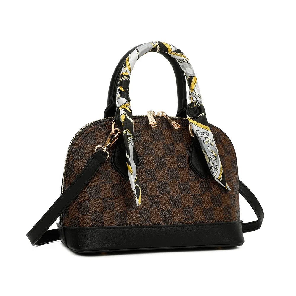 La Charlotte marron/noir vue de trois quarts : forme arrondie, double zip doré et bande unie contrastante à la base – réf. DQ-8596-4