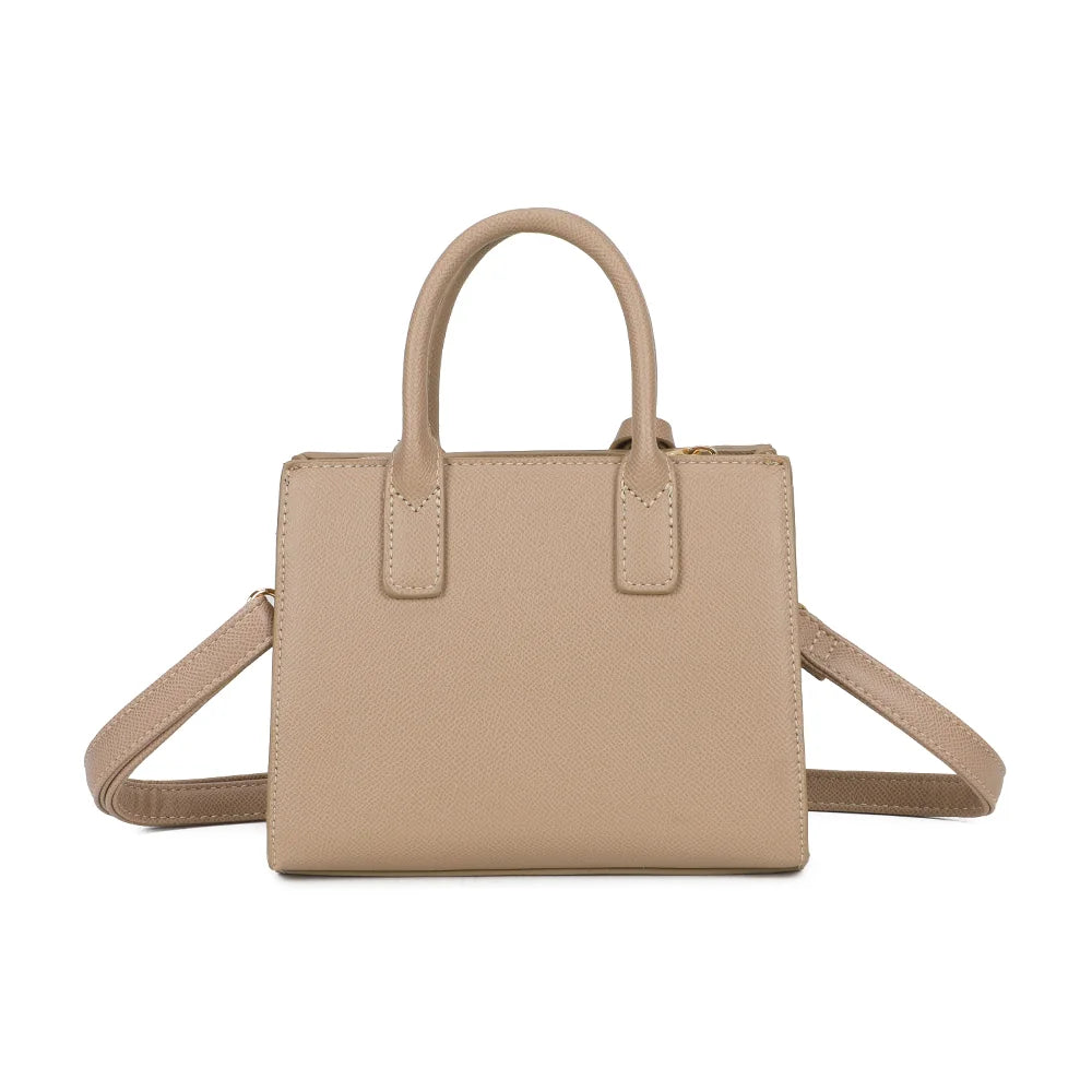Dos du sac La Colette taupe, lignes nettes et surpiqûres ton sur ton sur la texture saffiano – réf. R-2059