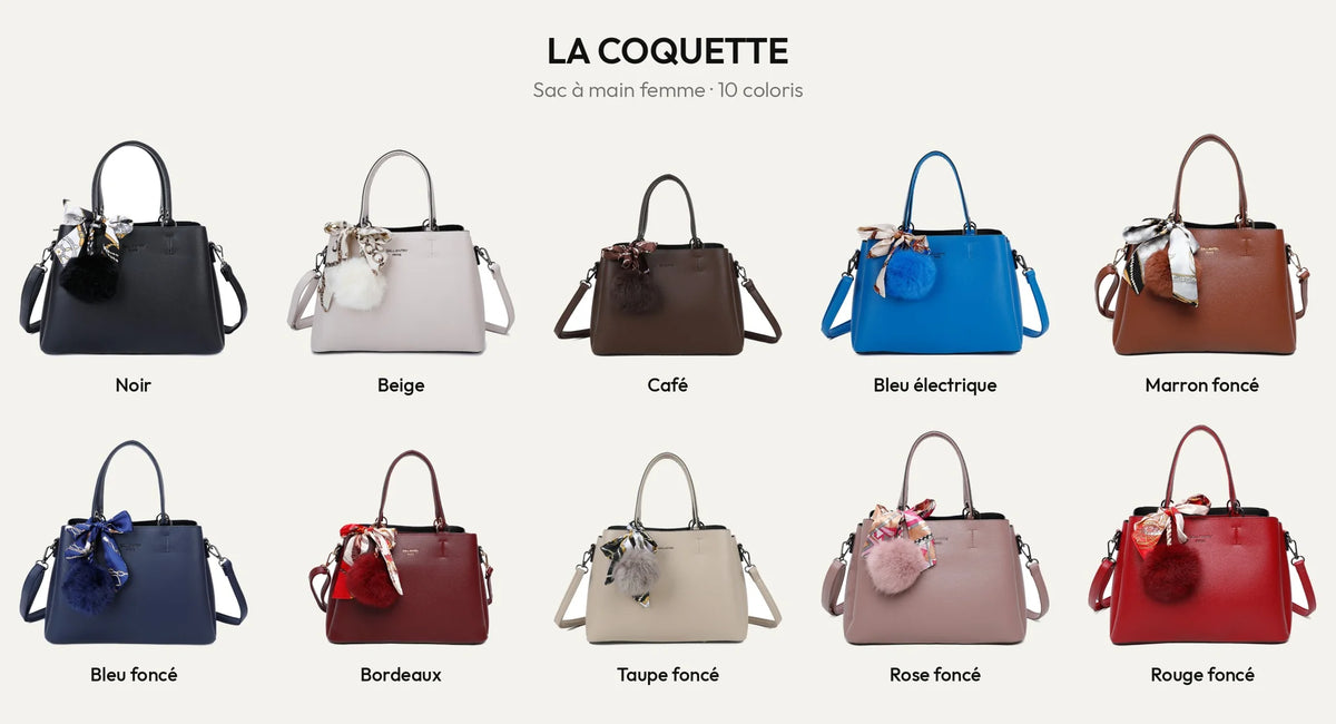 La Coquette, sac à main femme, en dix coloris : noir, beige, café, bleu électrique, marron foncé, bleu foncé, bordeaux, taupe foncé, rose foncé et rouge foncé – réf. DQ-815