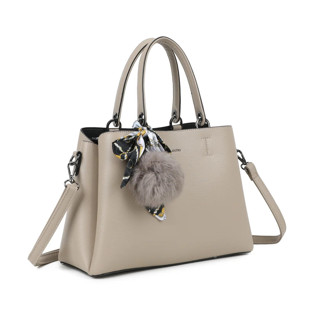 Sac à main La Coquette taupe foncé de trois quarts, anses courtes et bandoulière – réf. DQ-815