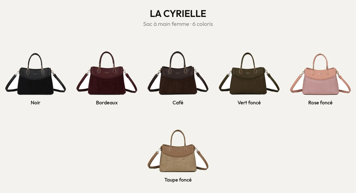 Sac à main La Cyrielle en six coloris : noir, bordeaux, coffee, vert foncé, rose foncé et taupe foncé – Gallantry Paris – réf. A-9178-1