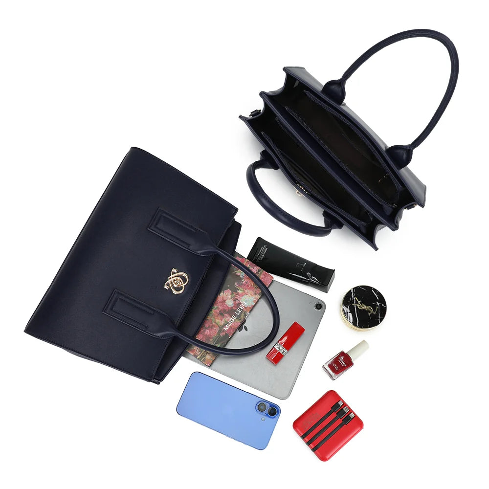 Intérieur compartimenté de La Déliane bleu foncé, avec téléphone, tablette compacte et beauté – réf. LS-76004