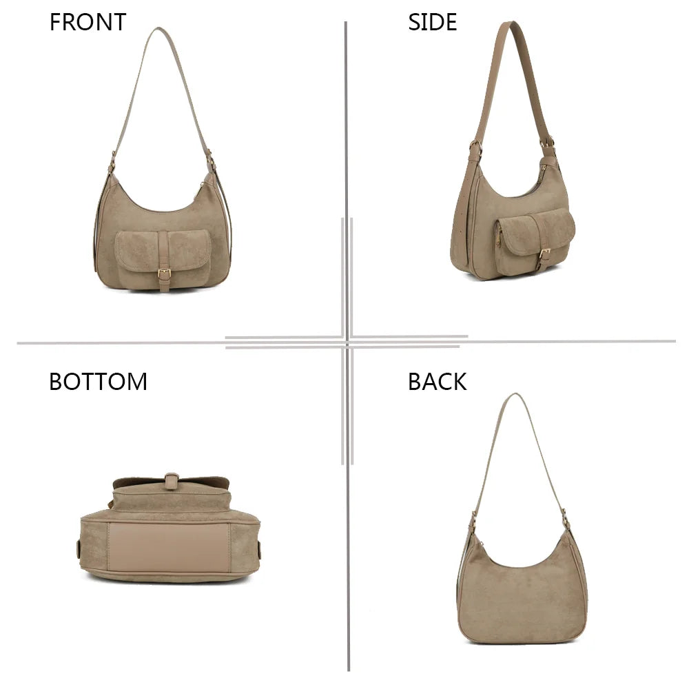 La Désirable taupe foncé sous quatre angles : face, côté, dessous et dos du sac en suédine