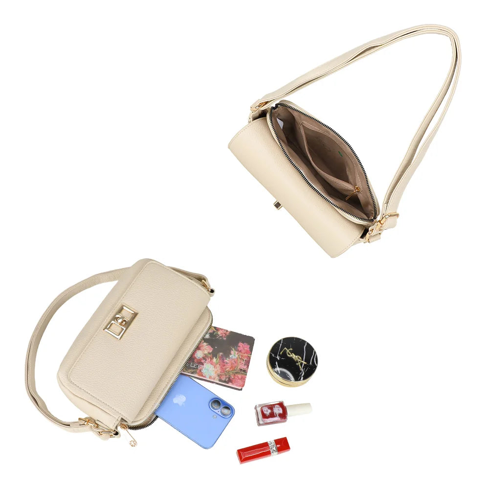 Intérieur du La Divine beige : compartiment principal zippé, doublure synthétique et poche intérieure – réf. R-2050