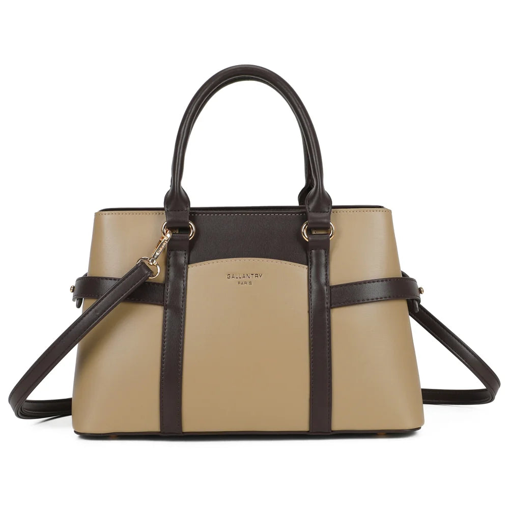 Sac à main femme La Dorsay taupe/coffee, synthétique lisse vegan, anses arrondies et logo doré – Gallantry Paris – réf. LS-76012