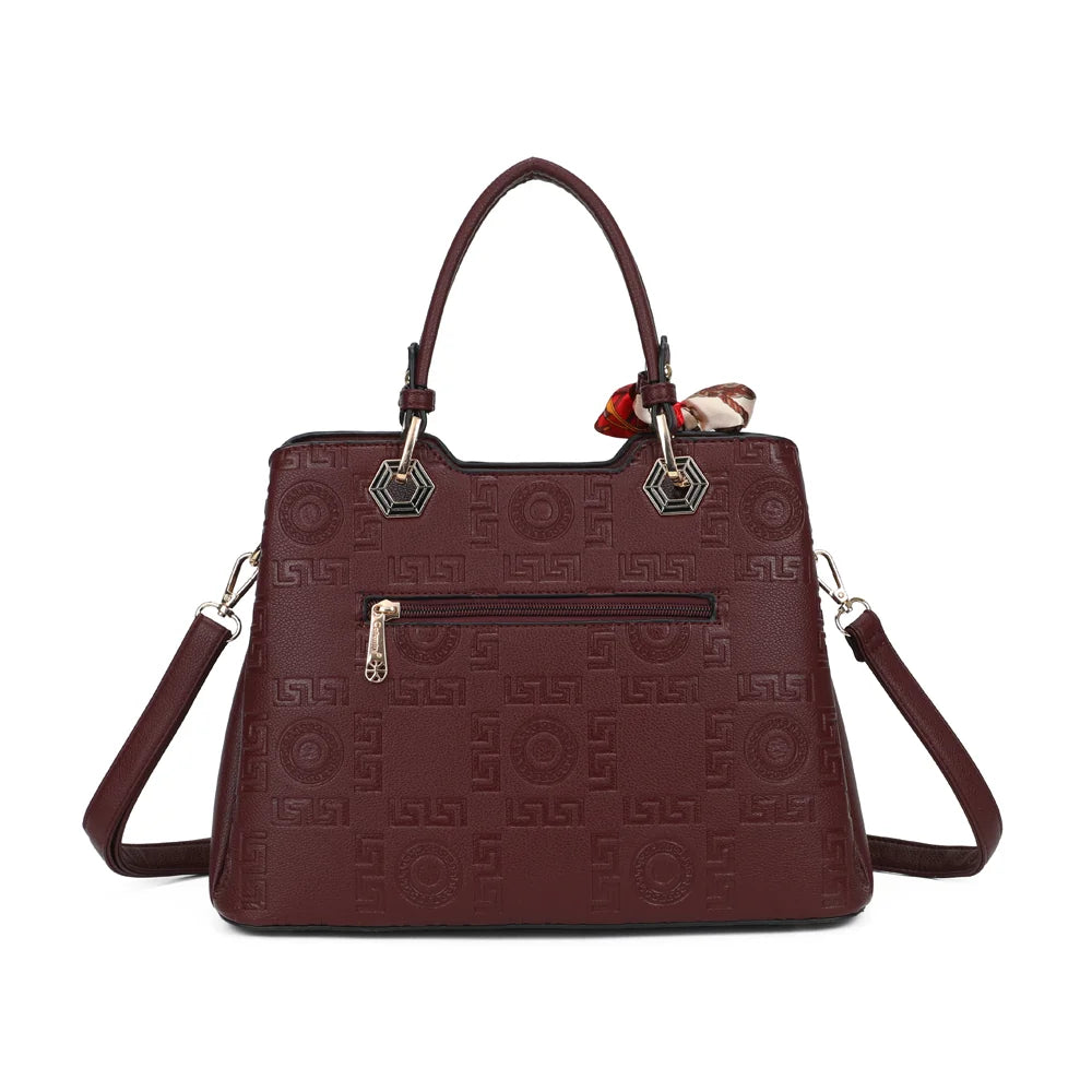 Dos du La Élégance Roma bordeaux, simili cuir grainé entièrement embossé d’un motif géométrique – réf. M-9354-2