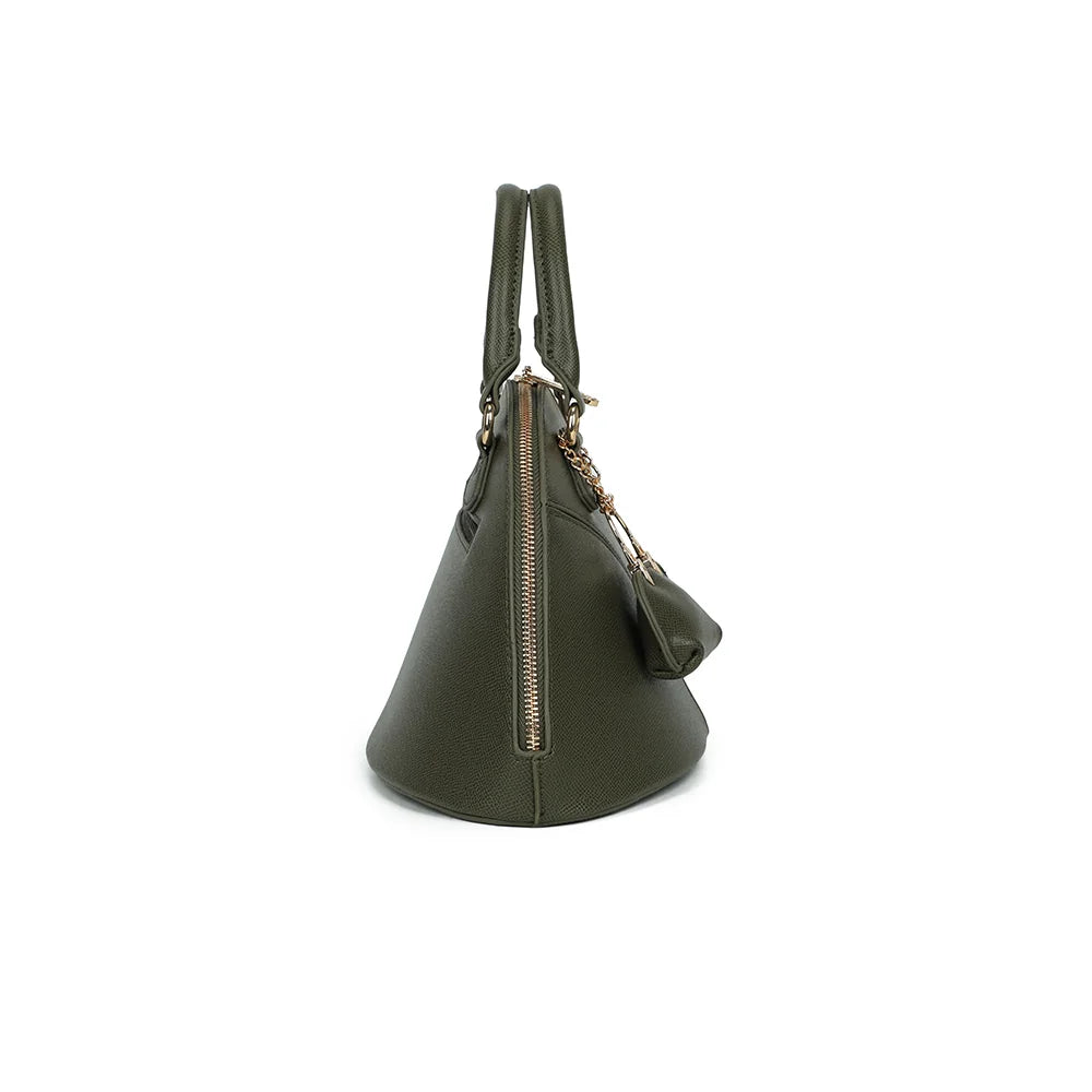 Profil de La Éminence vert foncé : fermeture zippée qui suit l’arrondi du sac, 16 cm de profondeur – réf. DQ-8738