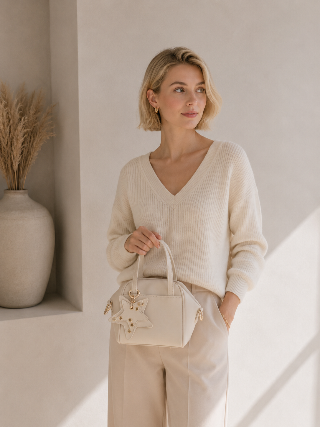 Mini sac La Féerie beige porté, porte-clés étoile doré visible – visuel d’ambiance créé avec l’IA – Gallantry Paris