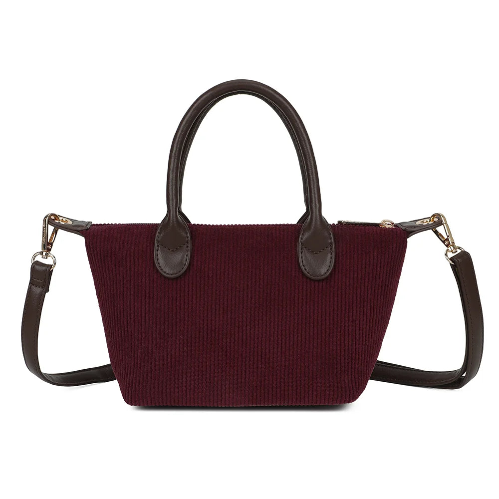 Dos du sac La Léandra bordeaux, texture velours côtelé et deux anses arrondies marron foncé – réf. Z-05-8