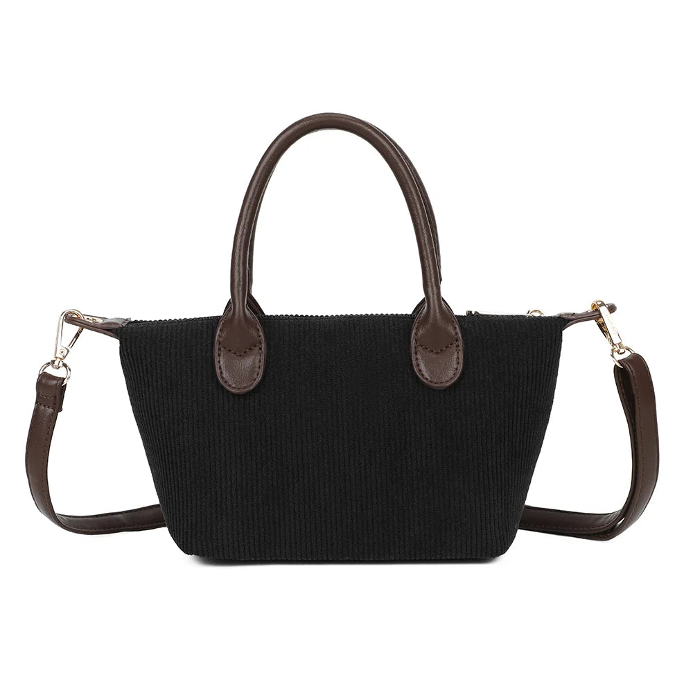 Dos du sac La Léandra noir, texture velours côtelé et deux anses arrondies marron foncé – réf. Z-05-8